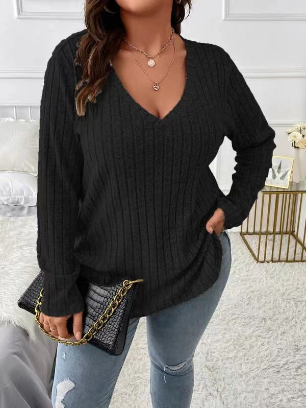 Damen Langarm V-Ausschnitt Shirt mit feiner Rippstruktur Stalluxe