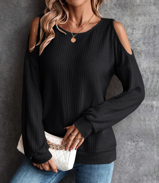 Women's Cold-Shoulder Waffle Knit Top Stalluxe