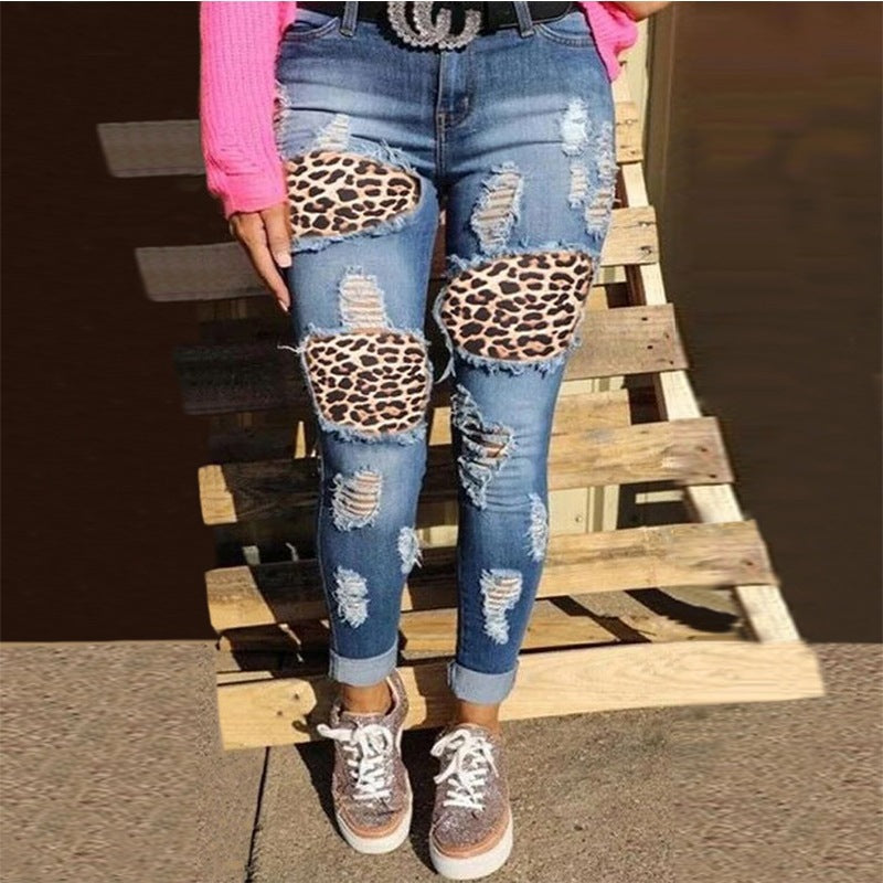 Damen Destroyed Jeans mit wilden Tiermustern Stalluxe