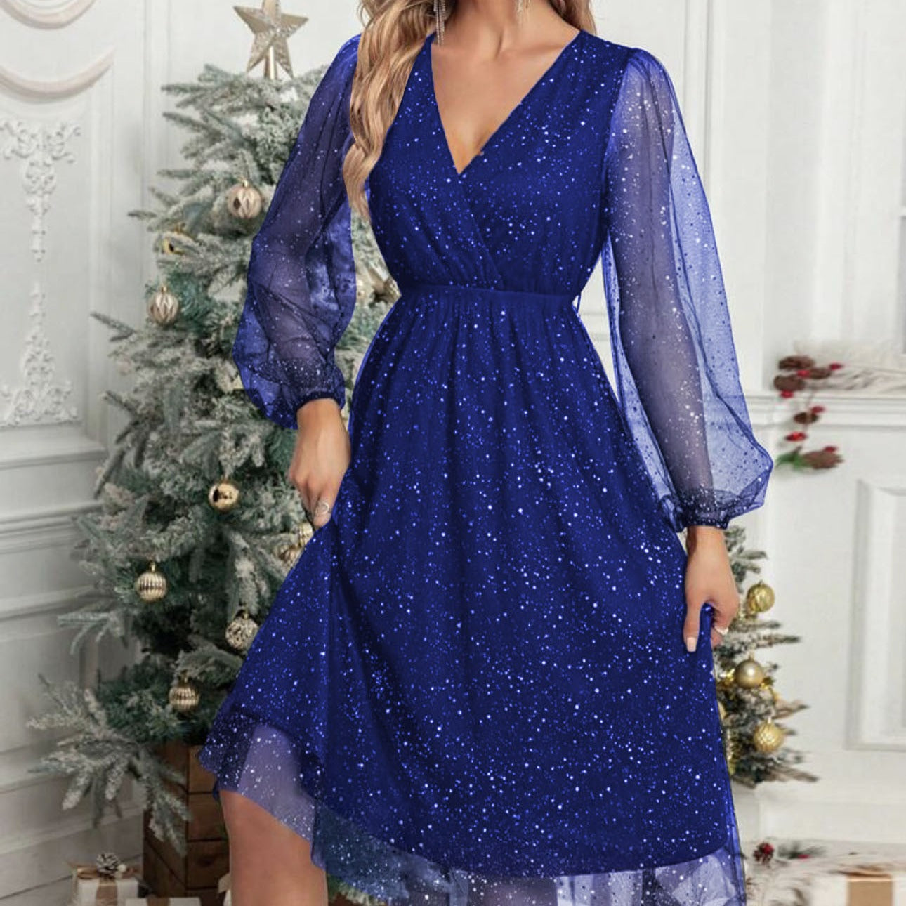 Damen Glänzende V-Ausschnitt Illusionsärmel Kleid Stalluxe