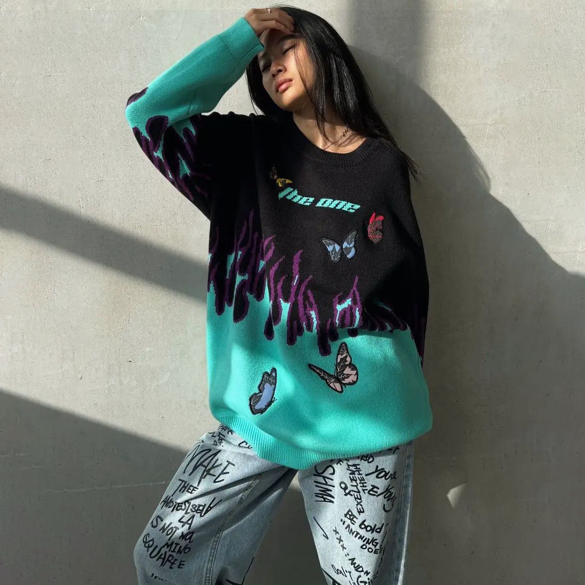 Damen Grobstrickpullover mit einzigartigem Flammen- und Schmetterlingsdesign Stalluxe