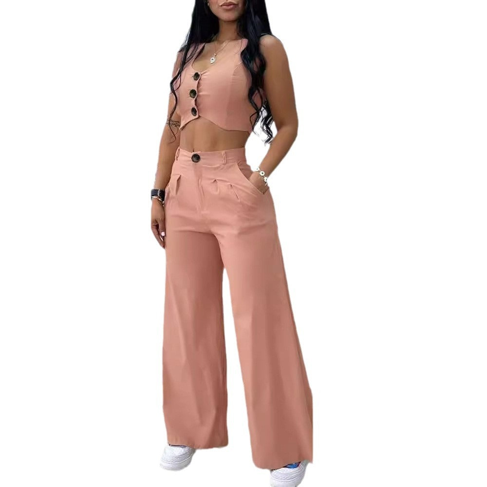 Damen Zweiteiliges Set mit hoch taillierter Hose und knöpfigem Crop-Top Stalluxe