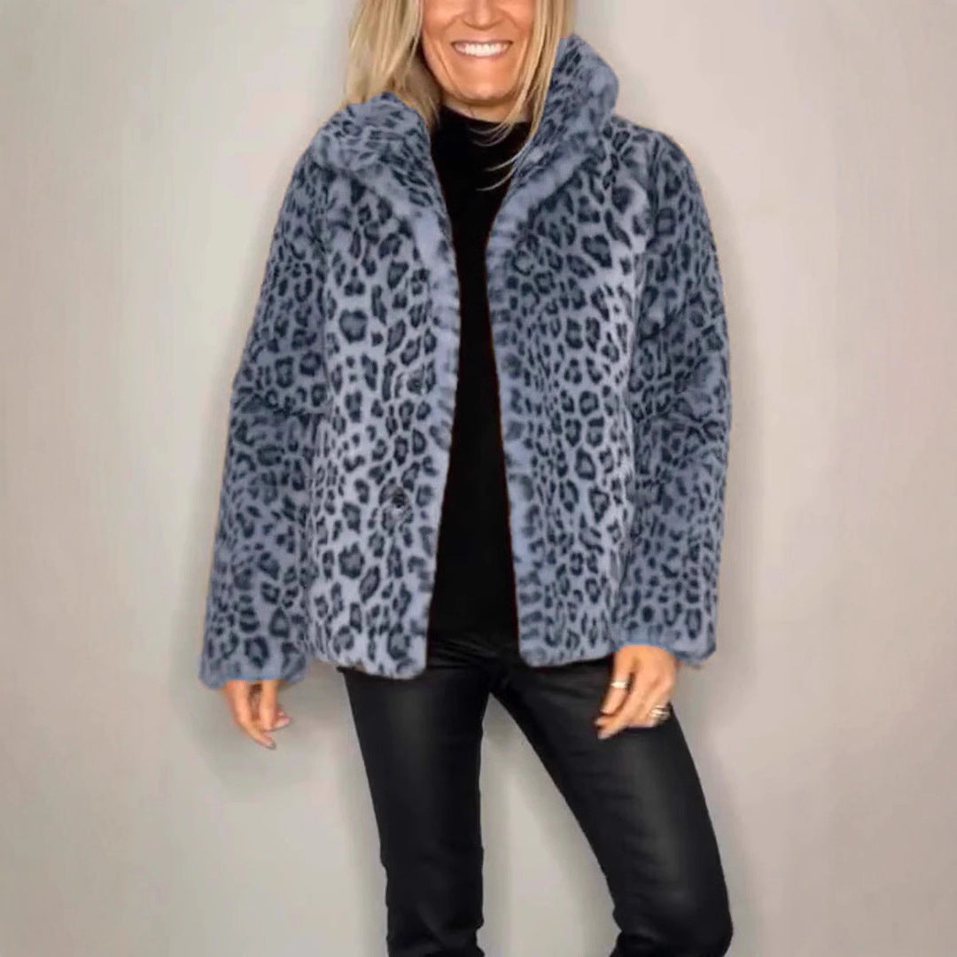 Damen Flauschige Leopardmuster Jacke mit hohem Kragen Stalluxe