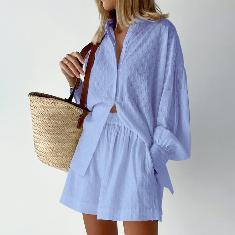 Damen lässiges Oversized Hemd mit Struktur und kurzen Hosen Stalluxe