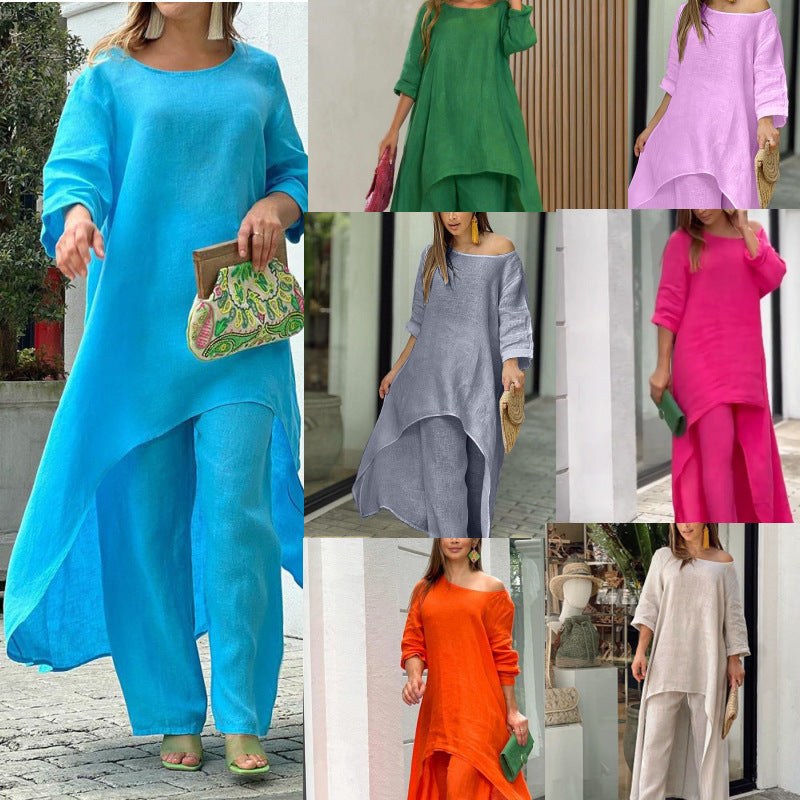 Women's Elegant Asymmetric Linen Tunic and Pants Set Stalluxe