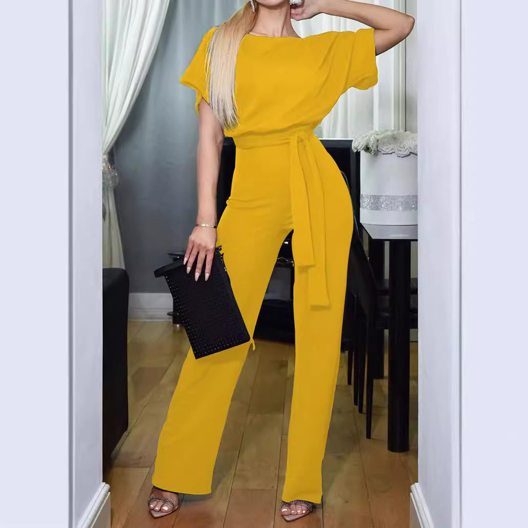 Damen Eleganter Jumpsuit mit breiten Beinen und Taillengürtel Stalluxe