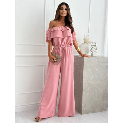 Damen Eleganter Off-Shoulder Jumpsuit mit weitem Bein und Rüschendetails Stalluxe