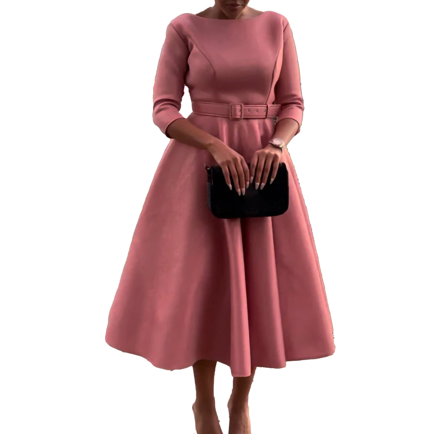 Damen Elegantes A-Linien Kleid mit Gürtel und ¾-Ärmeln Stalluxe
