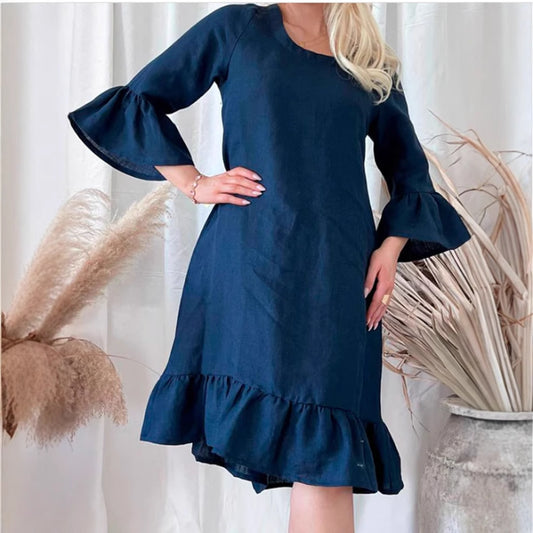 Damen Leichtes Leinenkleid mit Rüschendetails und weitem Schnitt Stalluxe