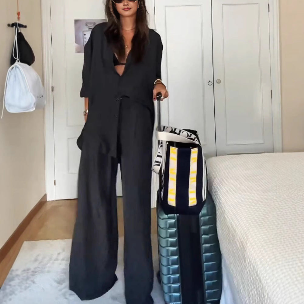 Damen Leinenweite Hose mit tailliertem Oberteil und KNopfdetails Stalluxe