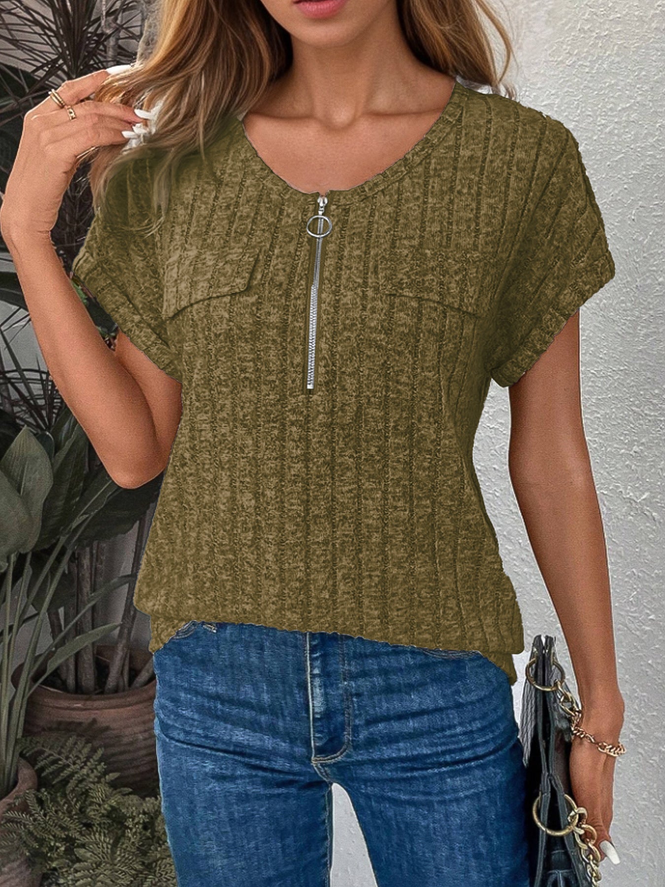 Damen Kurzarm Shirt mit modernem Reißverschluss und Brusttaschen Stalluxe