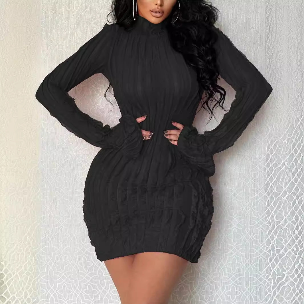 Damen figurbetontes Rippkleid mit langen Ärmeln und Stehkragen Stalluxe