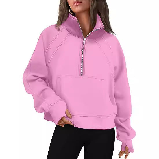 Damen sportlicher Pullover mit halbem Reißverschluss und Kängurutasche Stalluxe