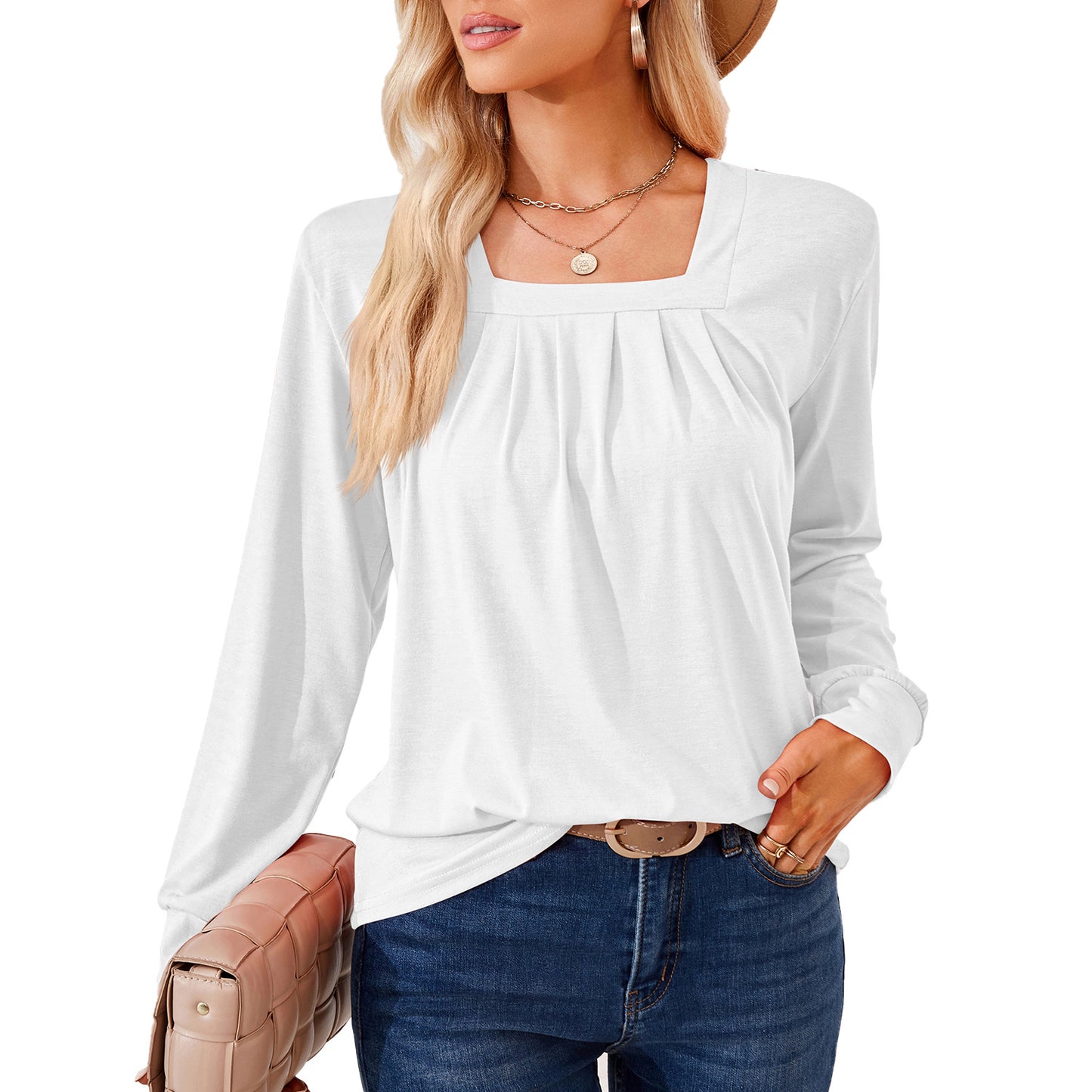 Damen Langarmshirt mit quadratischem Ausschnitt und femininer Raffung Stalluxe