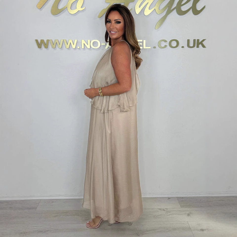 Damen Elegantes langes Abendkleid mit fließendem Stoff und Schichten Stalluxe