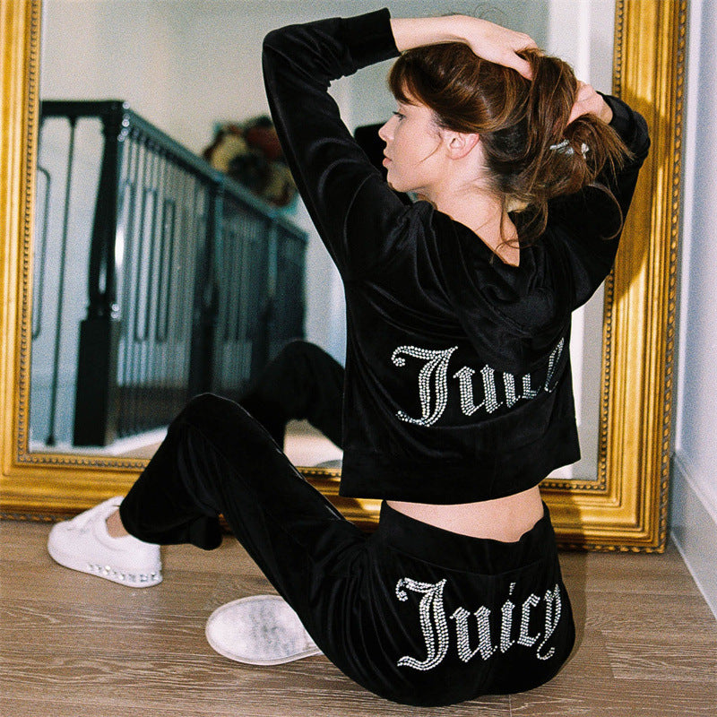 Damen luxuriöser Velours-Jogginganzug mit Glitzerakzenten und elastischem Bund Stalluxe