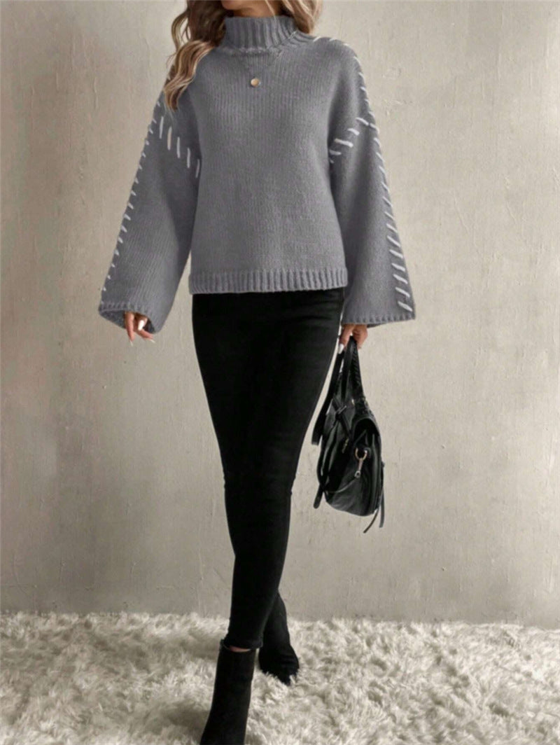 Damen Strickpullover mit breiten Ärmeln und hohem Kragen Stalluxe
