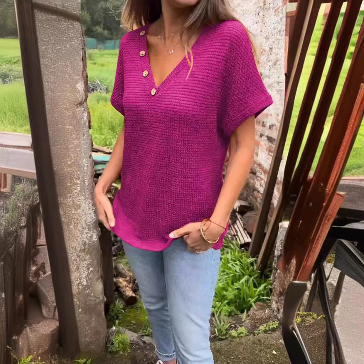 Damen lässiger V-Ausschnitt Pullover mit Knöpfen Stalluxe