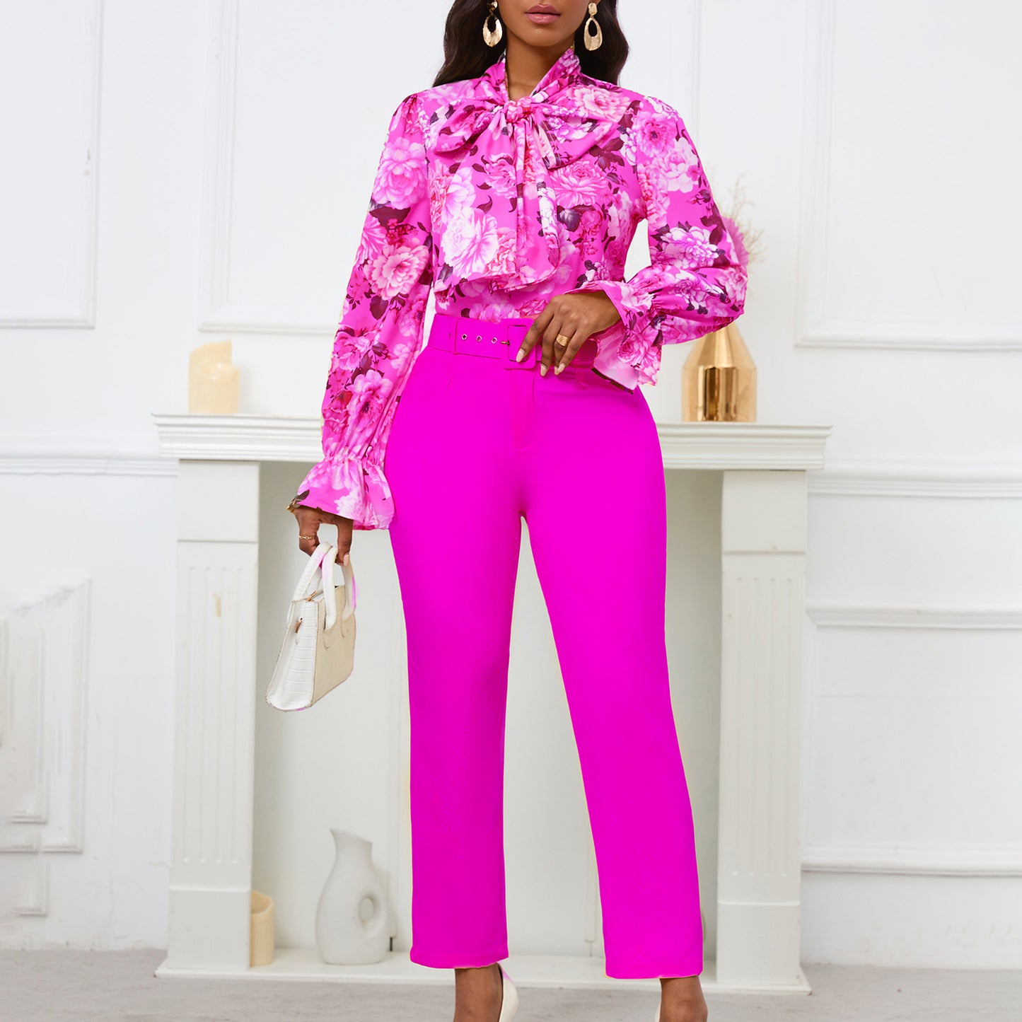 Damen elegante Bluse mit Rüschendetails und passender Hose Stalluxe
