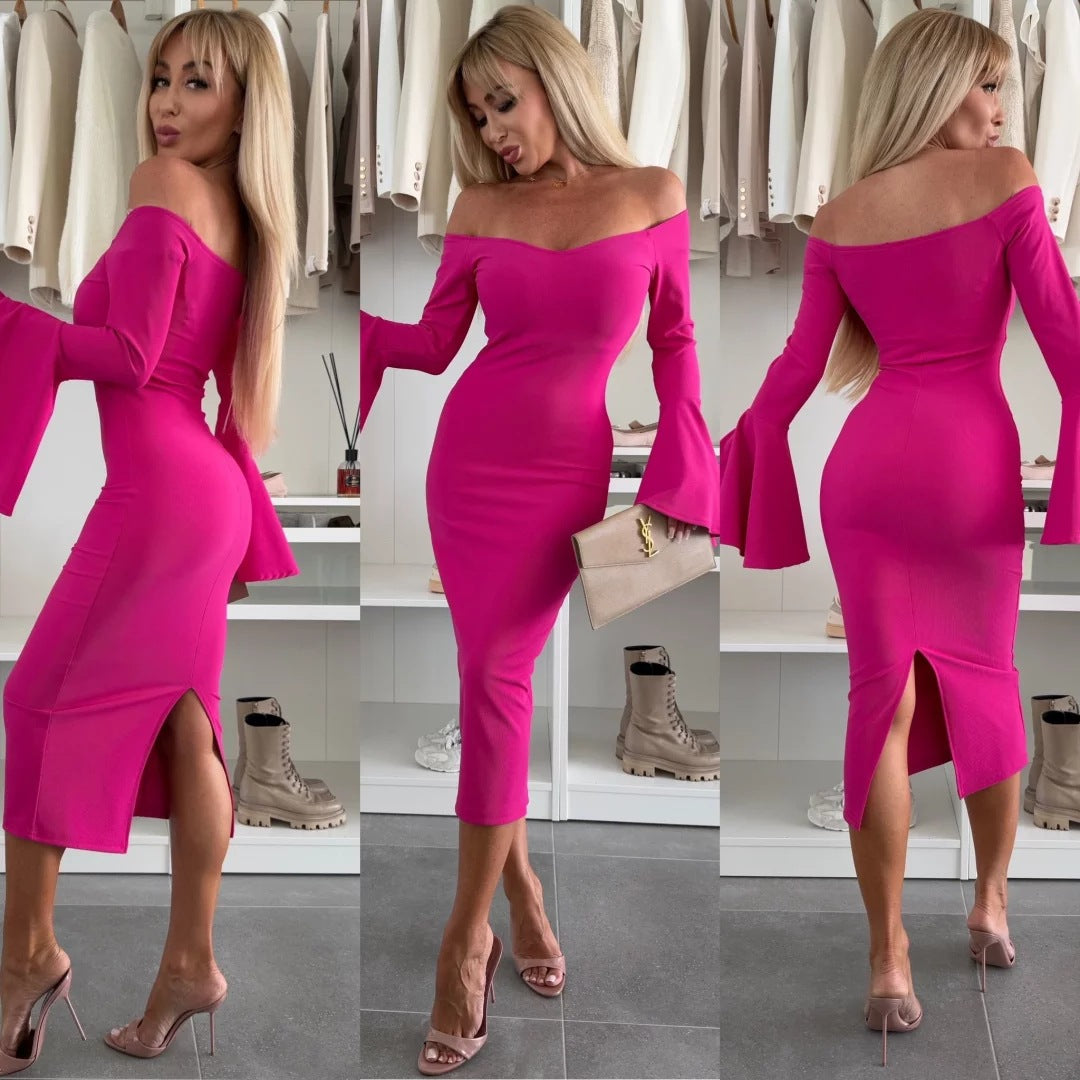 Damen Figurbetontes Kleid mit schulterfreien Ärmeln und ausgestellten Manschetten Stalluxe