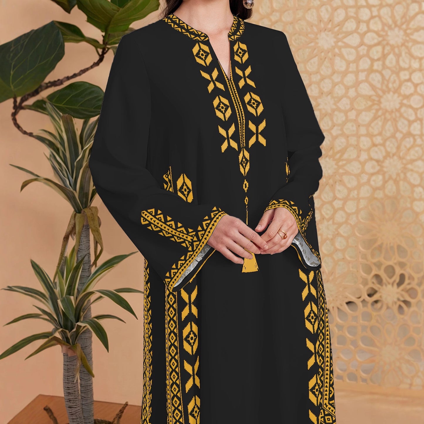 Damen Kaftan-Kleid mit kunstvollem besticktem Design und elegantem V-Ausschnitt Stalluxe