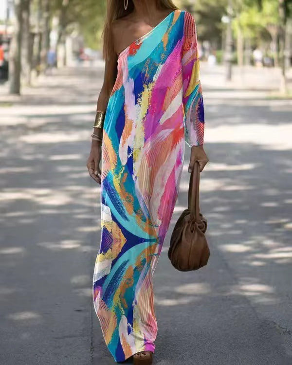 Damen asymmetrisches Maxikleid mit buntem Kunstdruck Stalluxe