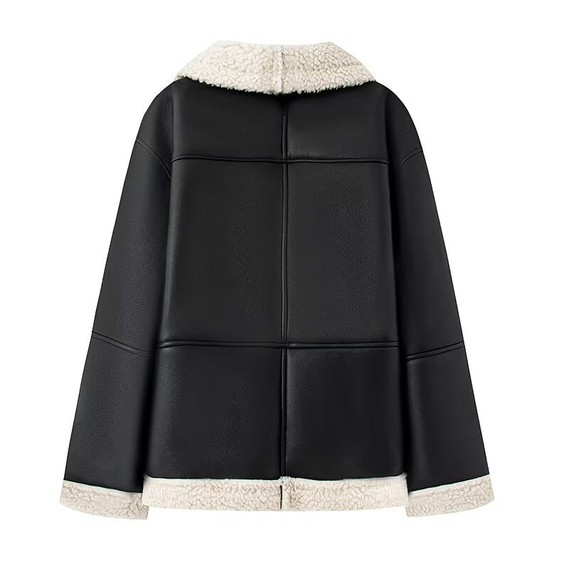 Damen modische Kunstlederjacke mit warmem Fleecefutter und praktischen Taschen Stalluxe
