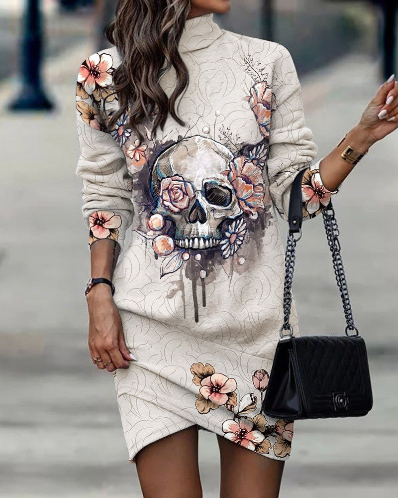 Damen Sweatkleid mit einzigartigem Totenkopf- und Blumenmotiv Stalluxe