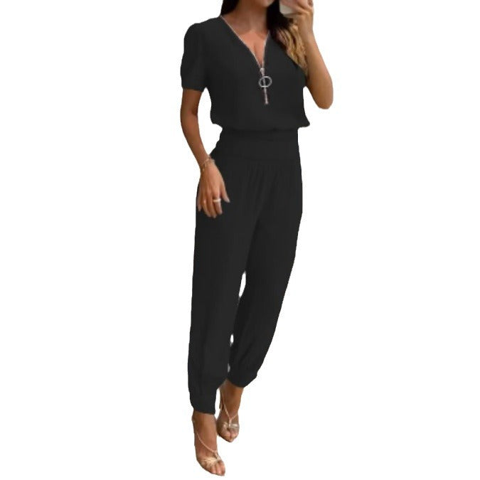 Damen Jumpsuit mit V-Ausschnitt und Gummizug Stalluxe