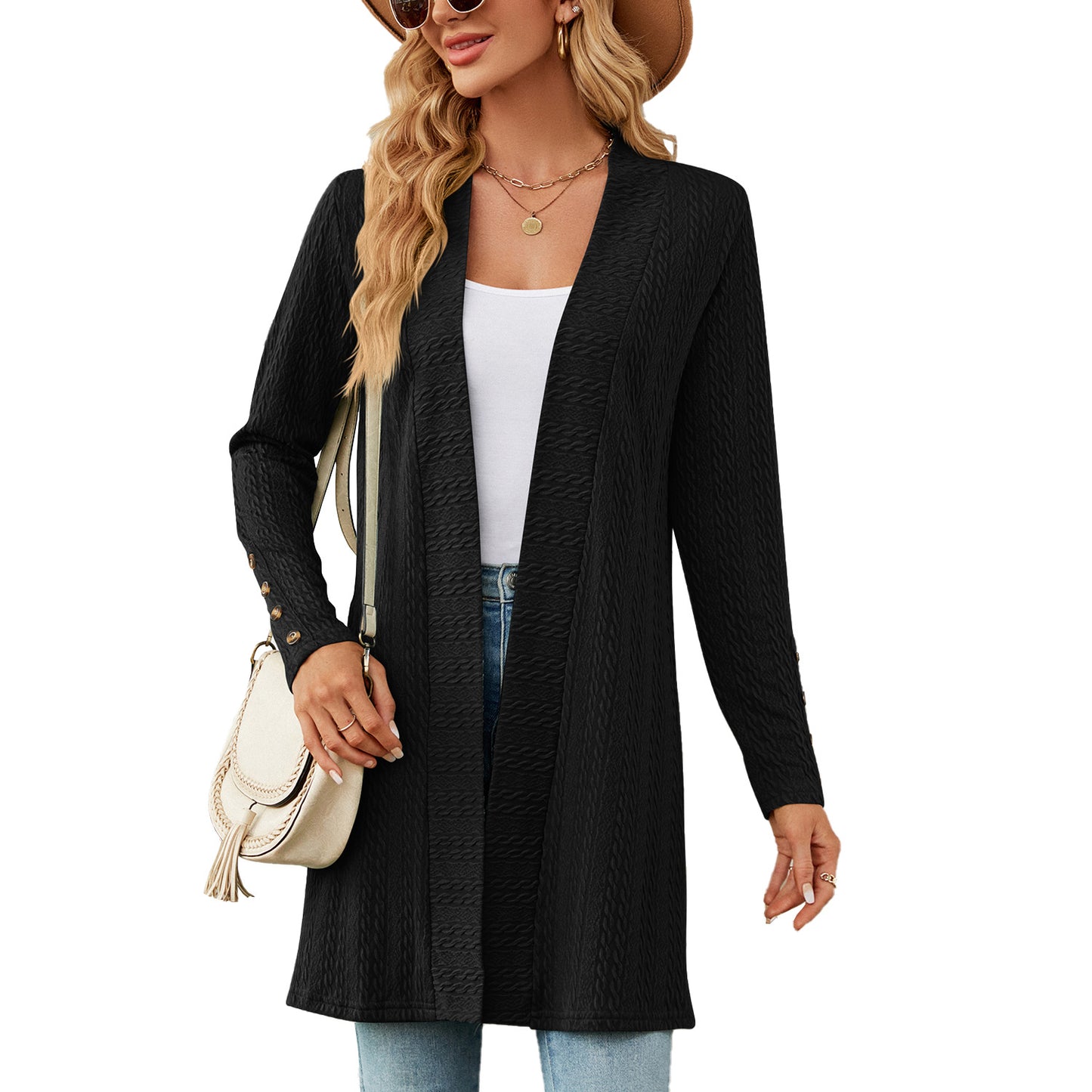 Damen Strickmantel mit modischem Zopfmuster und eleganten Knopfdetails Stalluxe