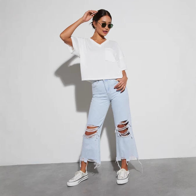 Damen Distressed Jeans mit weitem Bein und fransigem Saum Stalluxe
