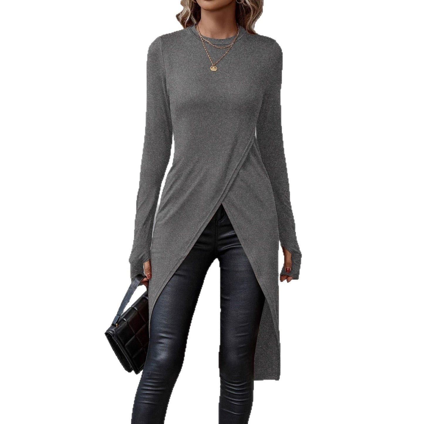 Damen asymmetrisches Longshirt mit eleganter Wickeloptik Stalluxe