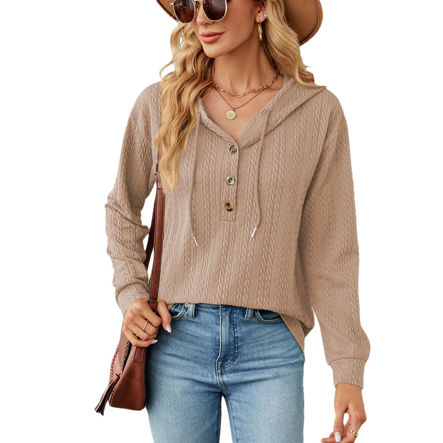 Damen lässiger Kapuzenpullover mit strukturierter Oberfläche und Knopfdetails Stalluxe