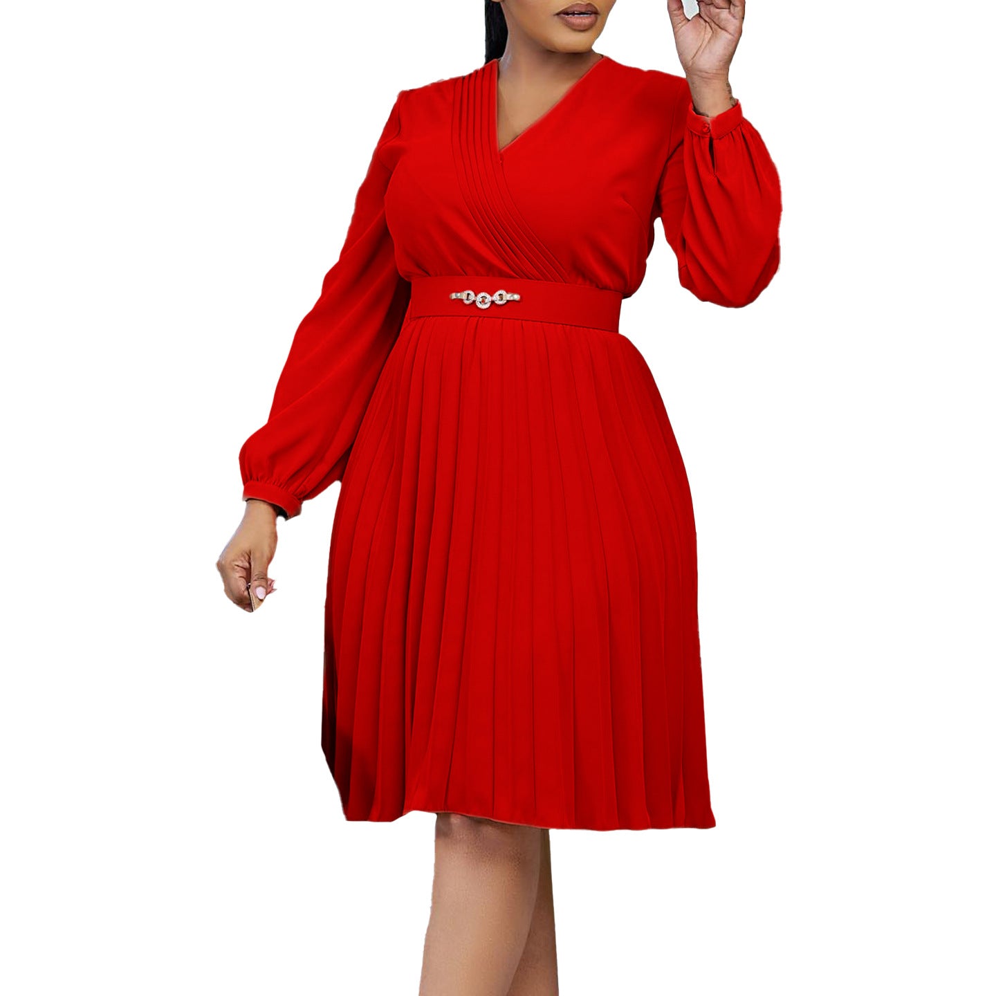 Damen Plissee-Kleid mit schickem Wickel-Oberteil und modischem Gürtel Stalluxe