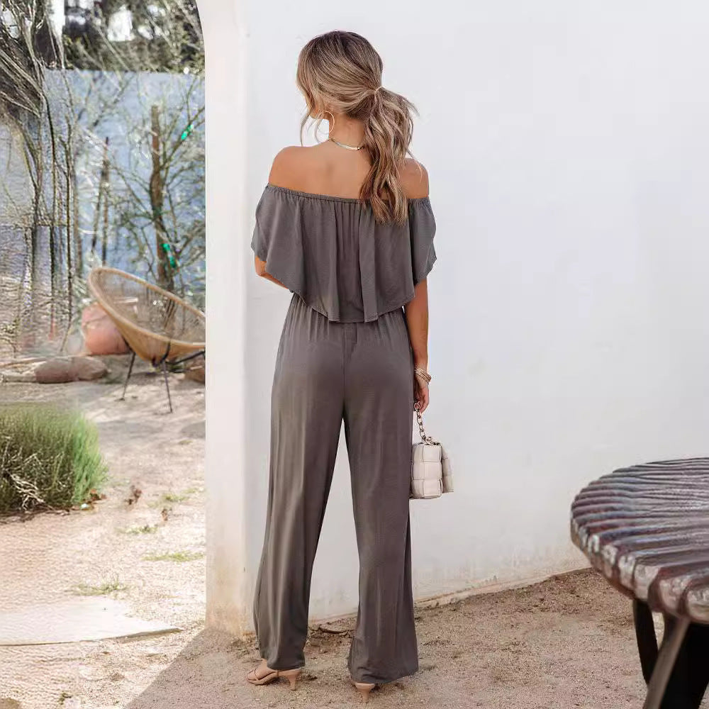 Damen Off-Shoulder Jumpsuit mit weitem Bein und elastischem Bund Stalluxe