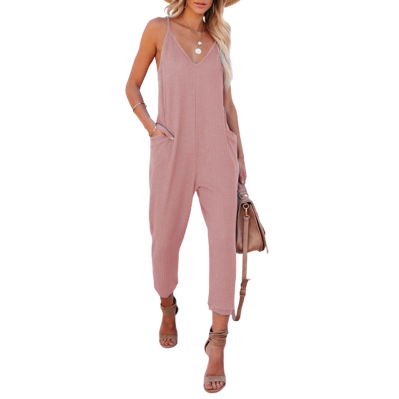 Damen Lässiger Jumpsuit mit tiefem V-Ausschnitt und praktischen Taschen Stalluxe