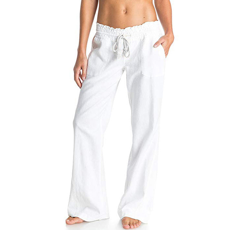Damen weite Leinenhose mit elastischem Bund und praktischen Taschen Stalluxe