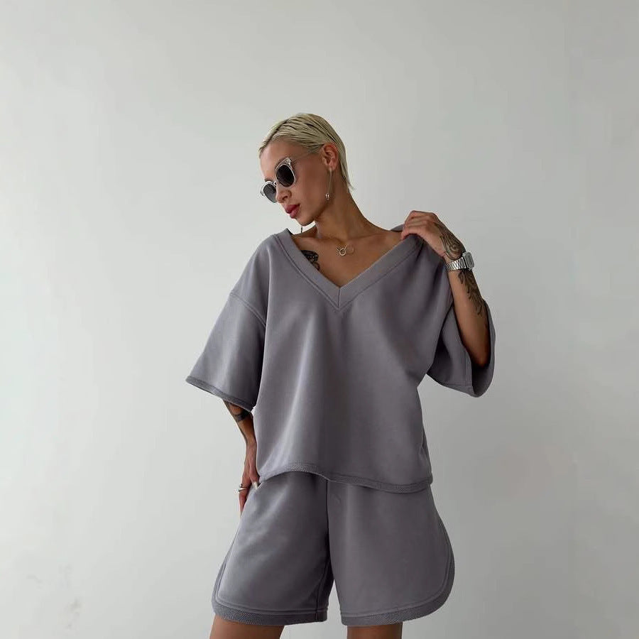 Damen lässiges V-Ausschnitt Set mit bequemen Shorts und oversized Oberteil Stalluxe