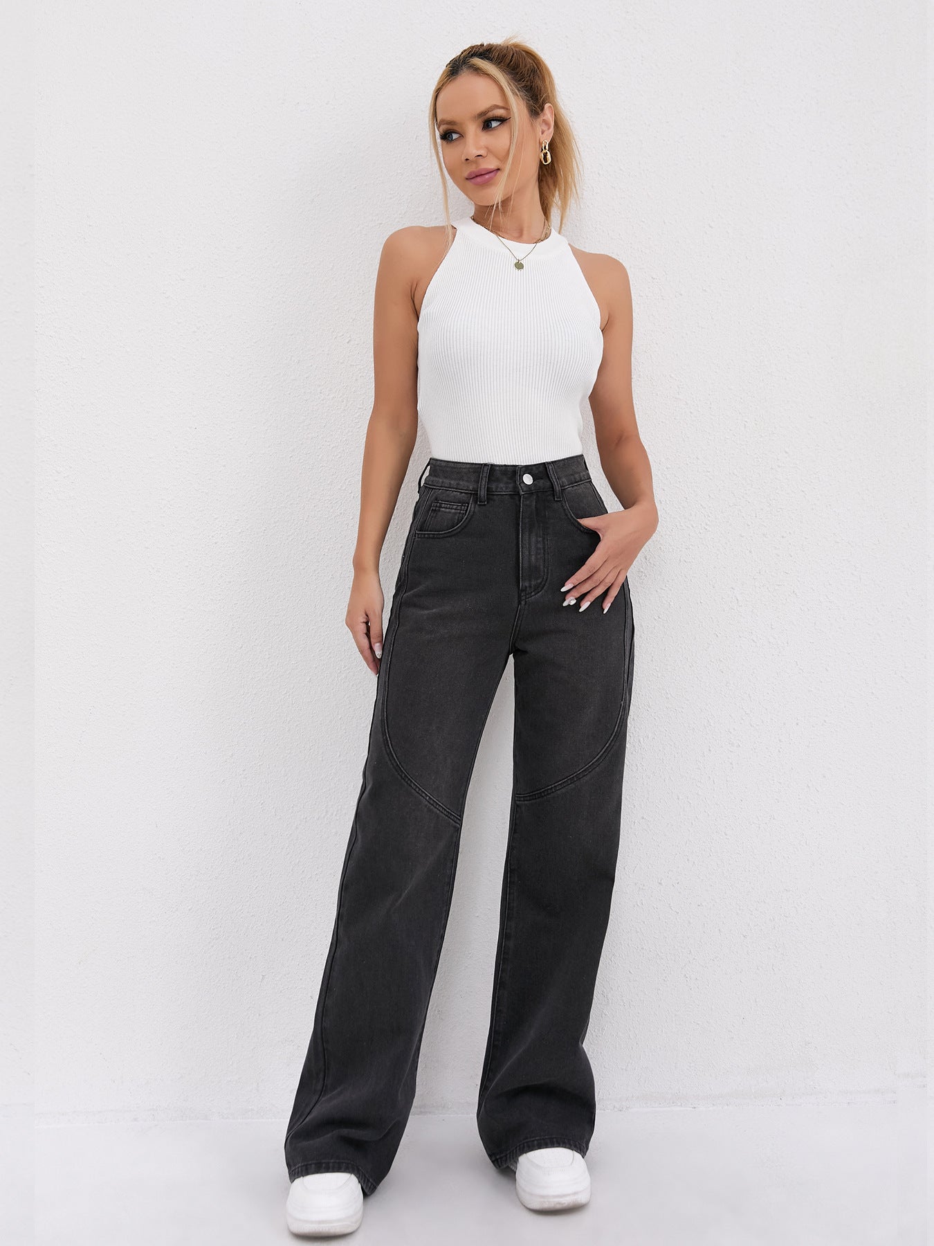 Damen Weite Hochtaillen-Jeans mit einzigartigen Nahtdetails und lässigem Schnitt Stalluxe