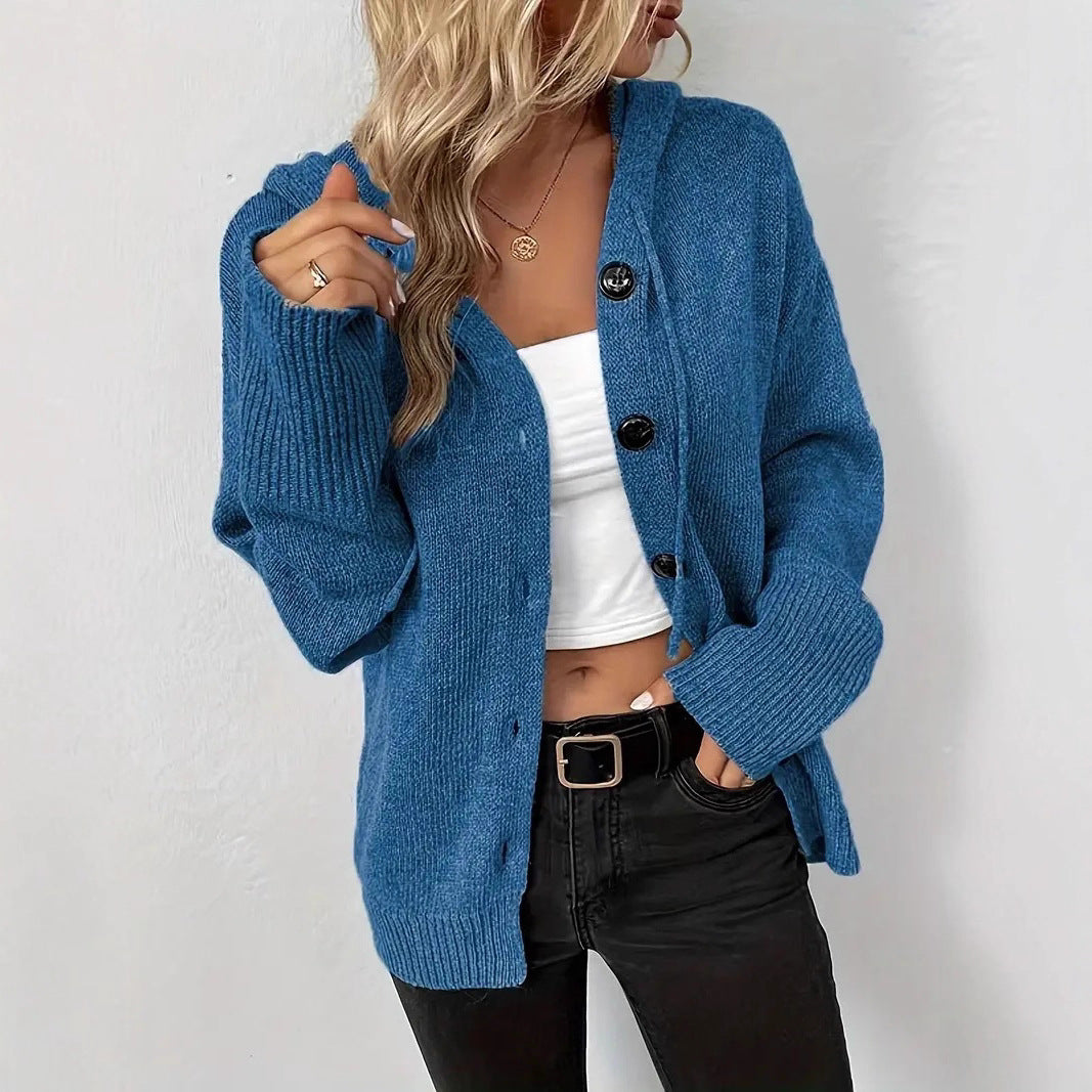 Damen gemütliche Strickjacke mit Kapuze und großen Knöpfen Stalluxe