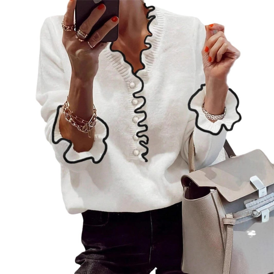 Damen Elegantes Sweatshirt mit Rüschendetails und Perlenknöpfen Stalluxe