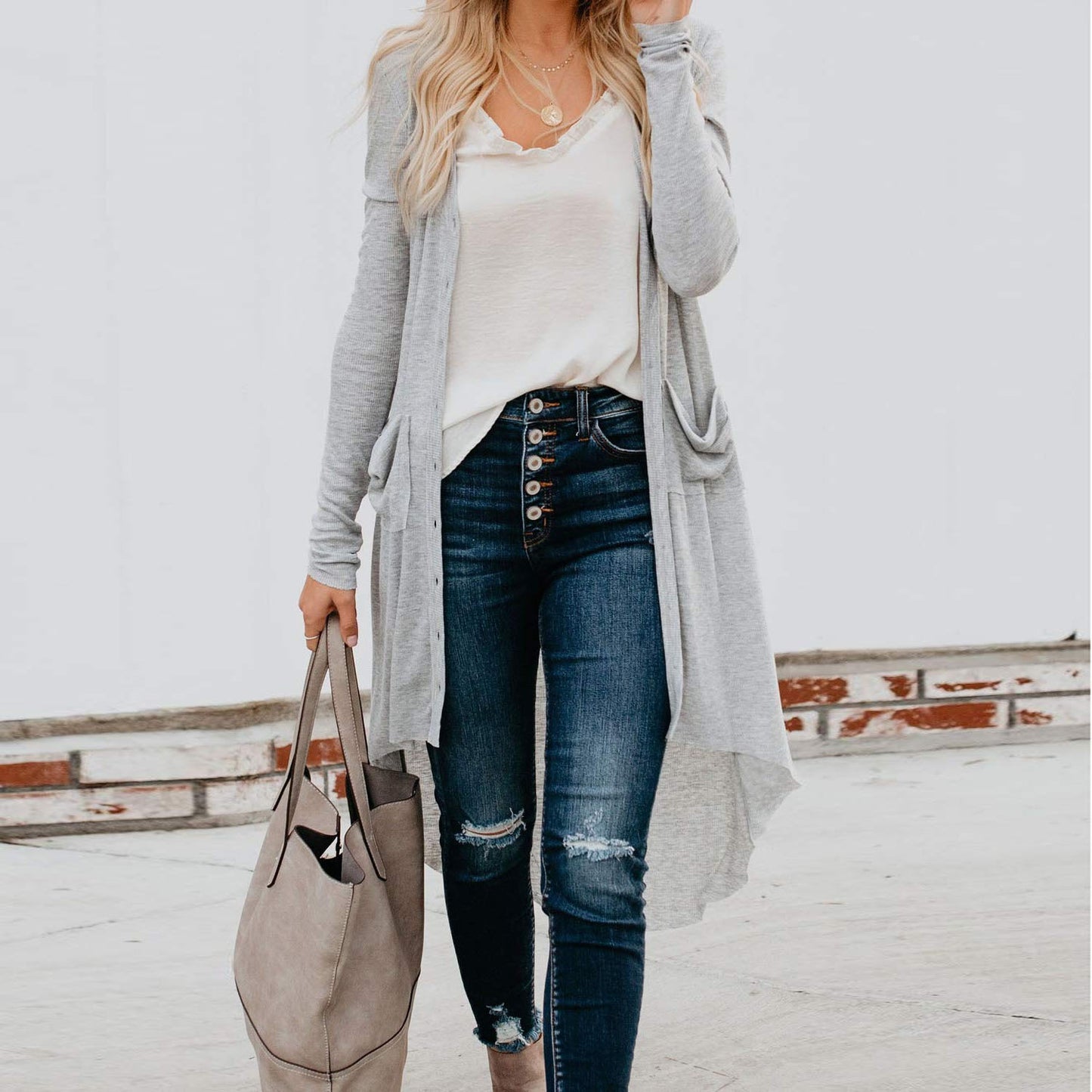Damen Langer Strickcardigan mit Knöpfen und Taschen Stalluxe