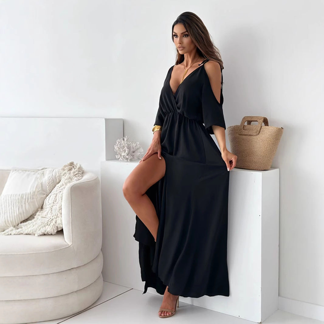 Damen Maxikleid mit schulterfreier Optik und elegantem V-Ausschnitt Stalluxe