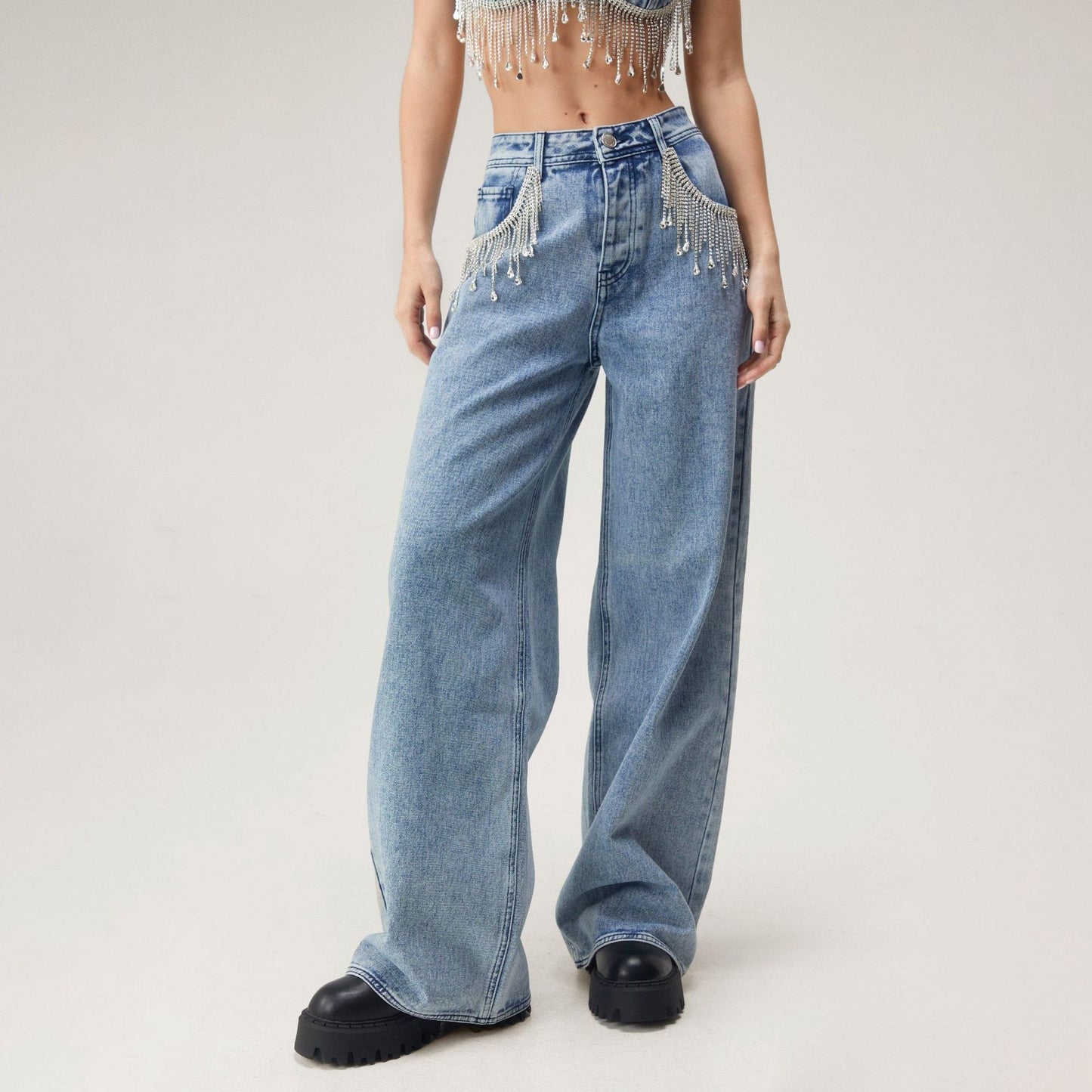 Damen Weitgeschnittene Jeans mit hohem Bund und sanften Ausbleichungen Stalluxe