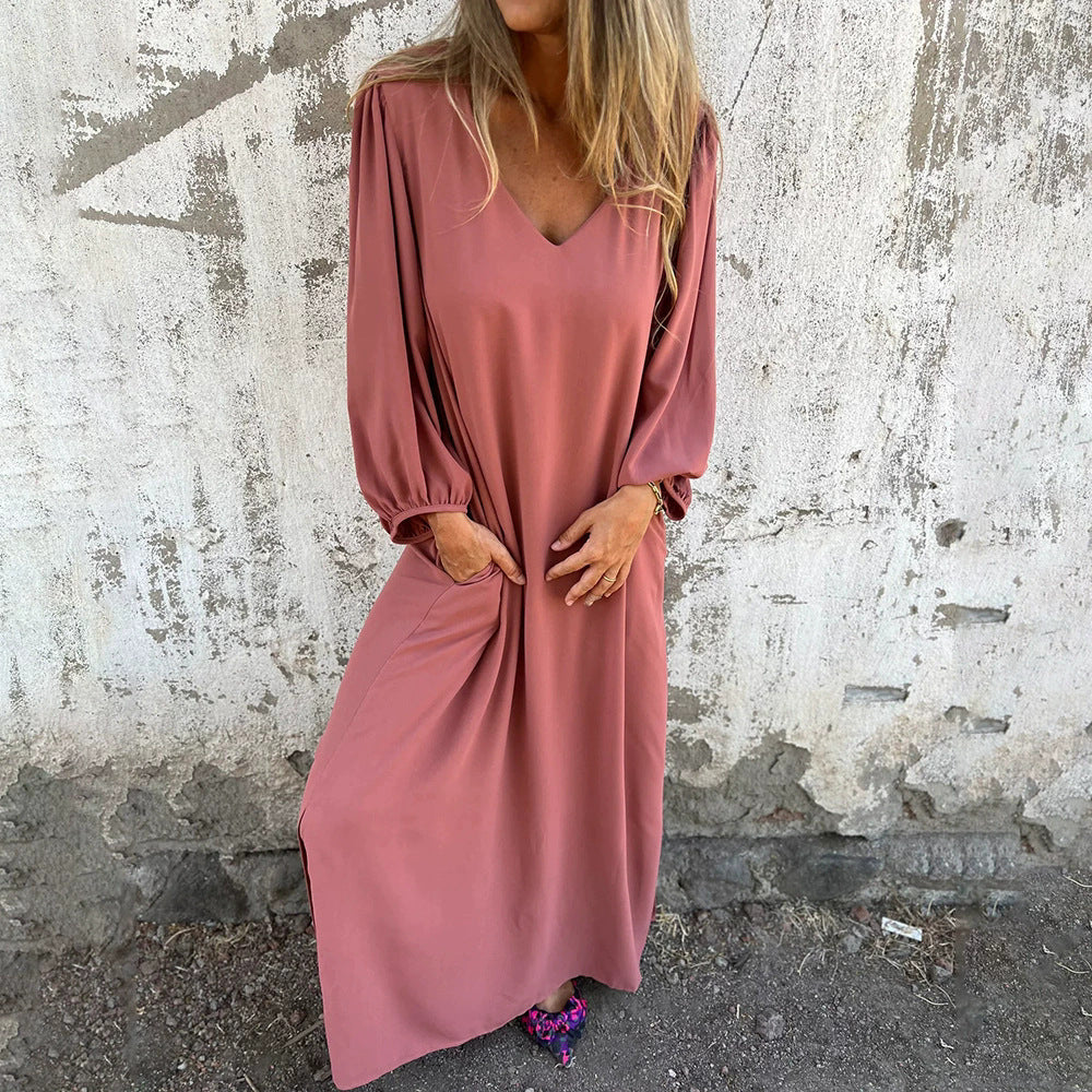 Damen Elegantes V- Ausschnitt Midikleid mit voluminösen Ärmeln Stalluxe