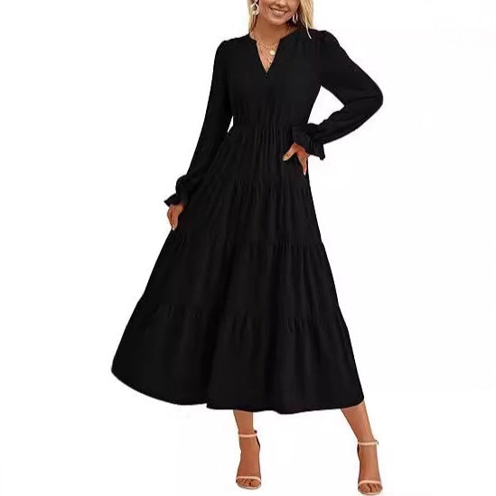 Damen Maxikleid mit knopfverzierter Front und voluminösen Ärmeln Stalluxe