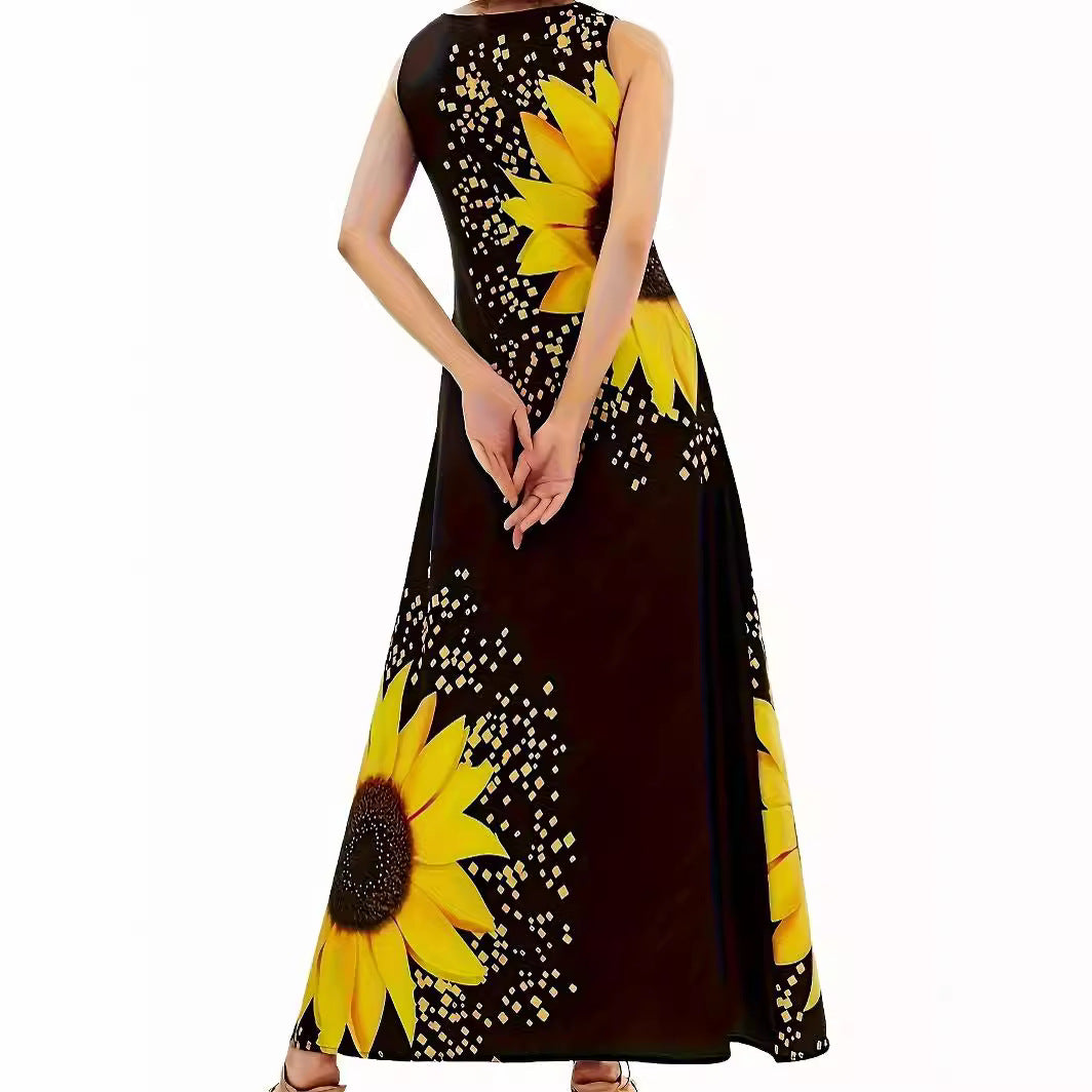 Damen Maxikleid mit buntem Sonnenblumenmotiv und praktischen Taschen Stalluxe