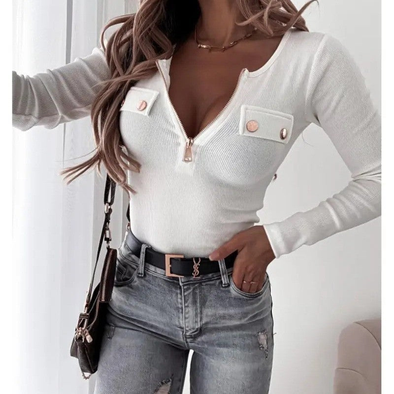 Damen Langarmshirt mit tiefem V-Ausschnitt und Reißverschluss Stalluxe