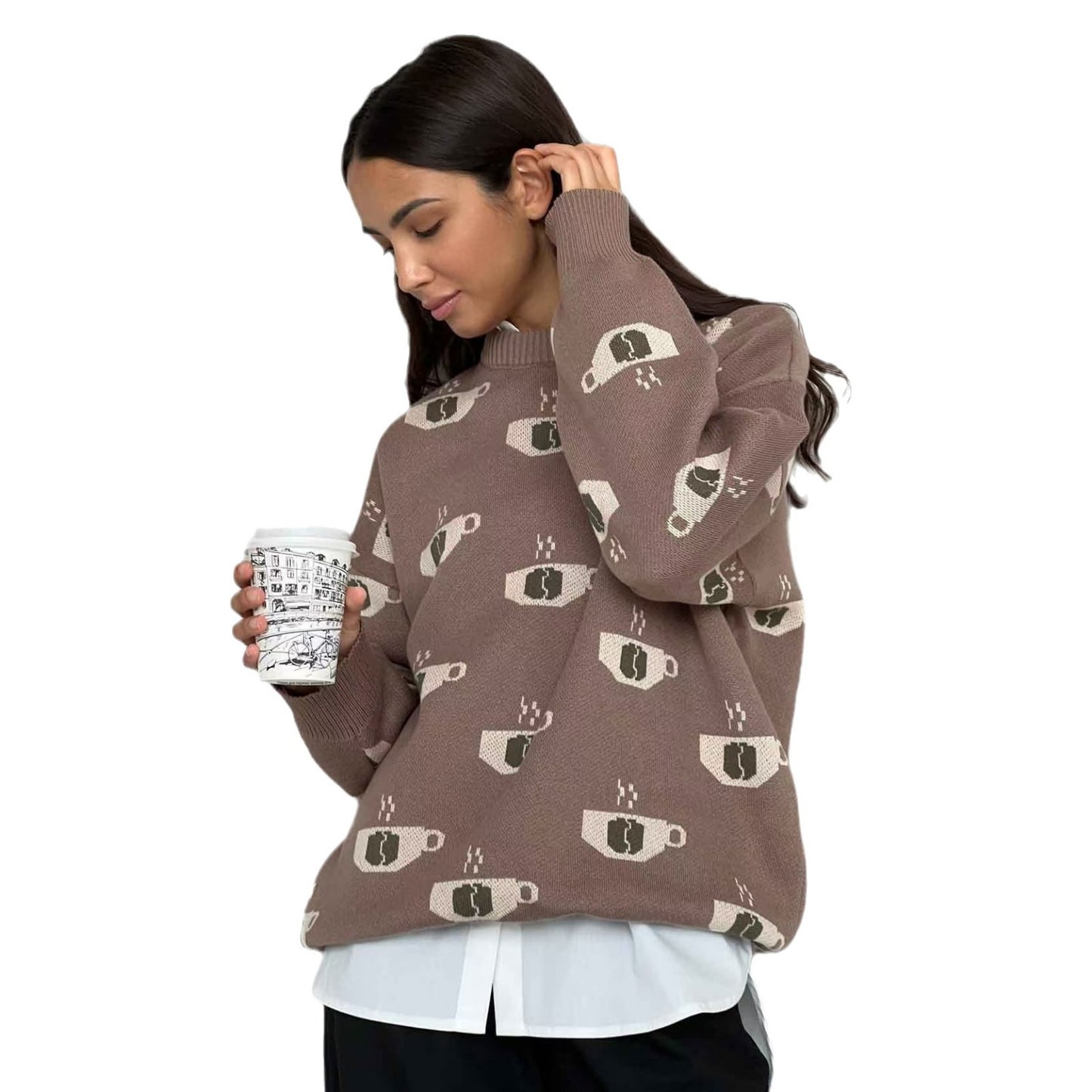 Damen Gemusterter Strickpullover mit Kaffeetassen-Motiv und angenehmem Sitz Stalluxe