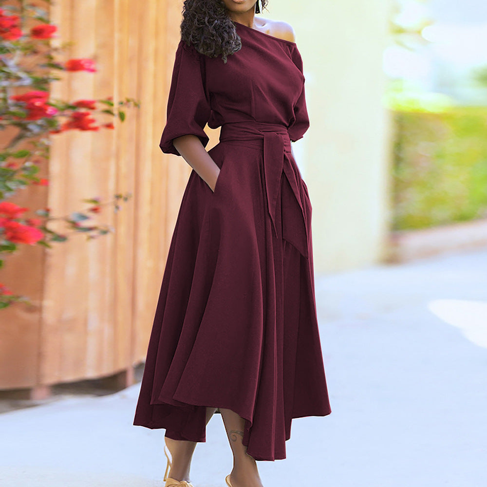 Damen Elegantes Off-Shoulder Maxikleid mit seitlichen Taschen und Taillengürtel Stalluxe